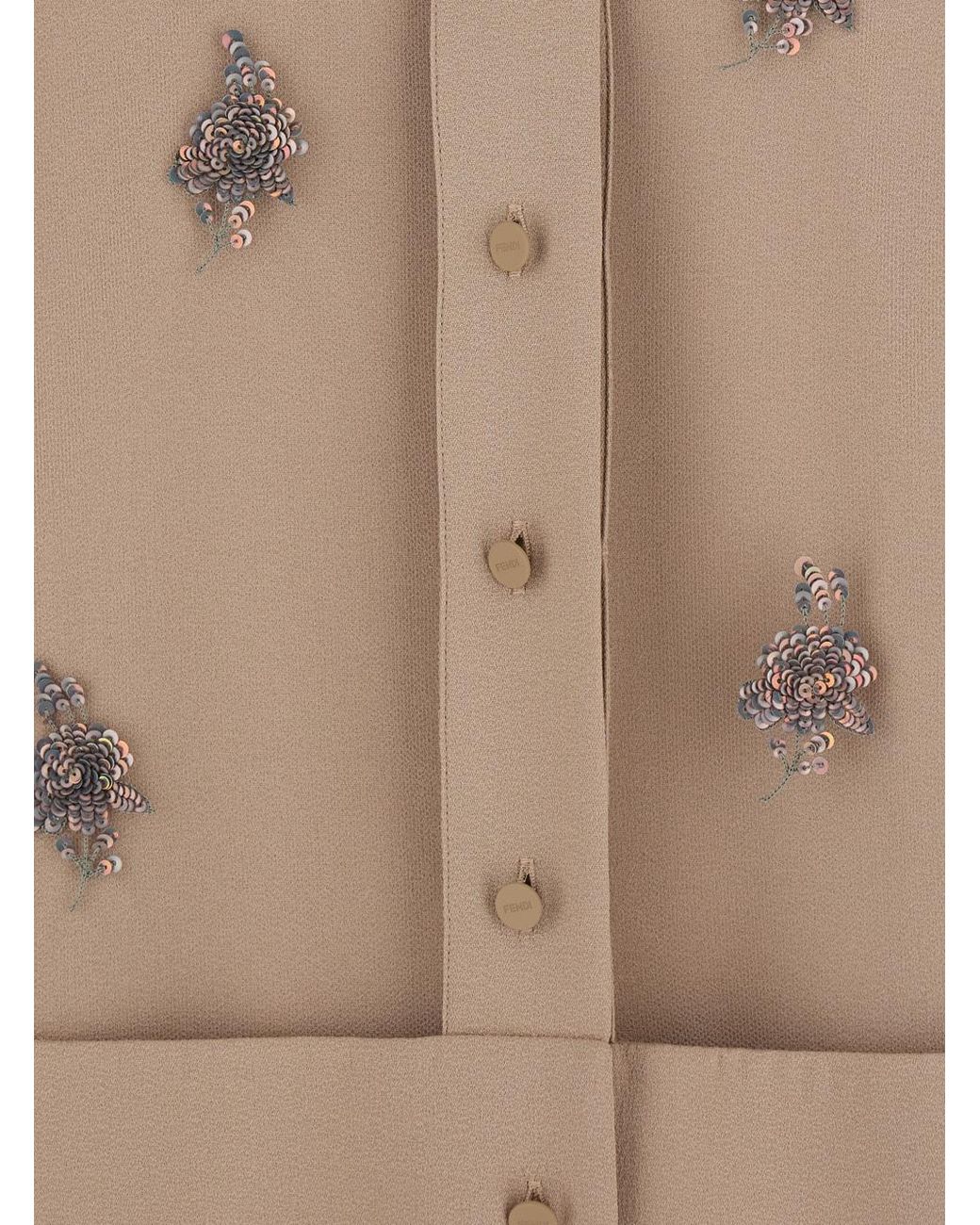 Fendi Natural Floral Embellished Sheer Sleeved Mini Dress