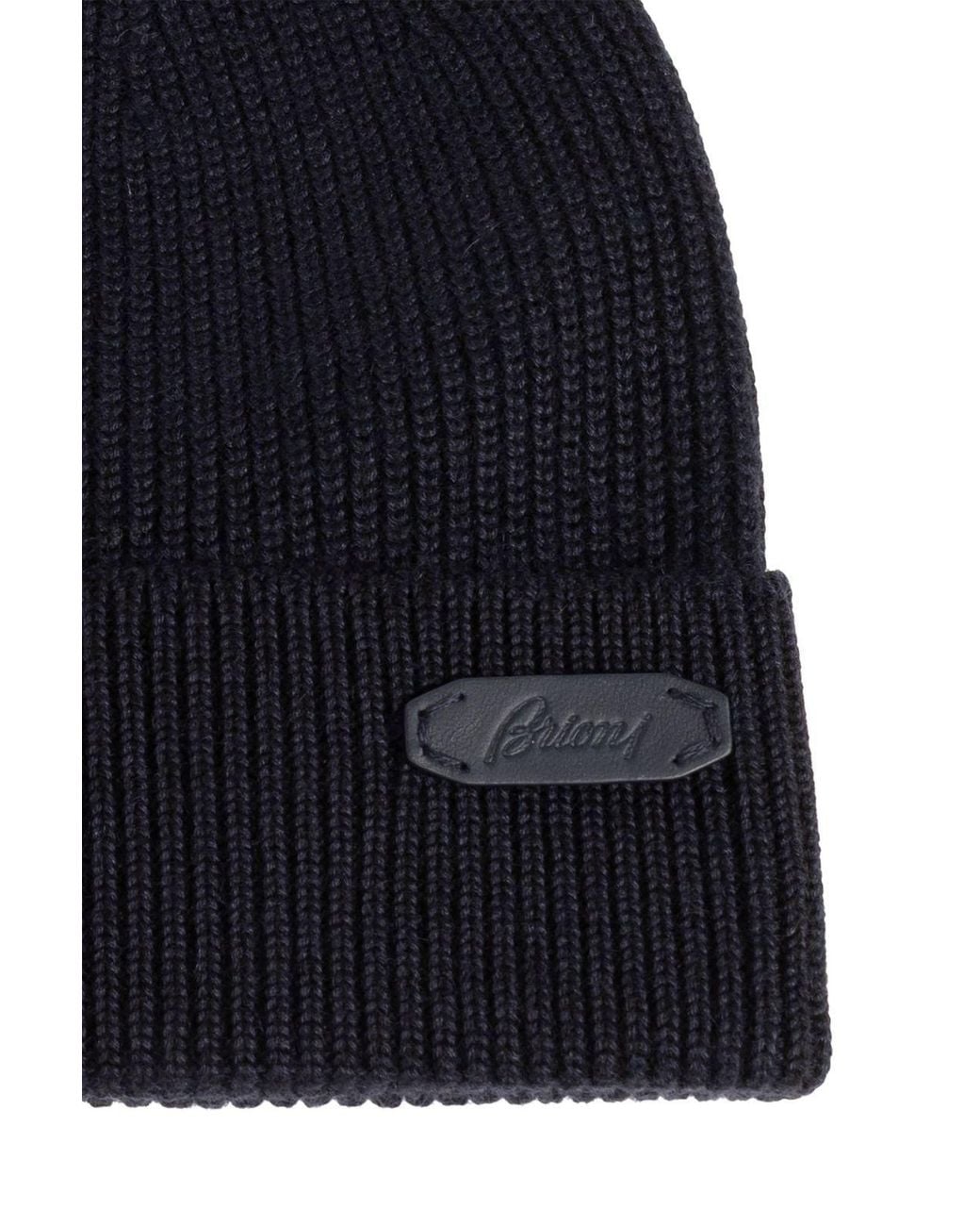 Brioni Blue Ribbed Patch Beanie Hat for men