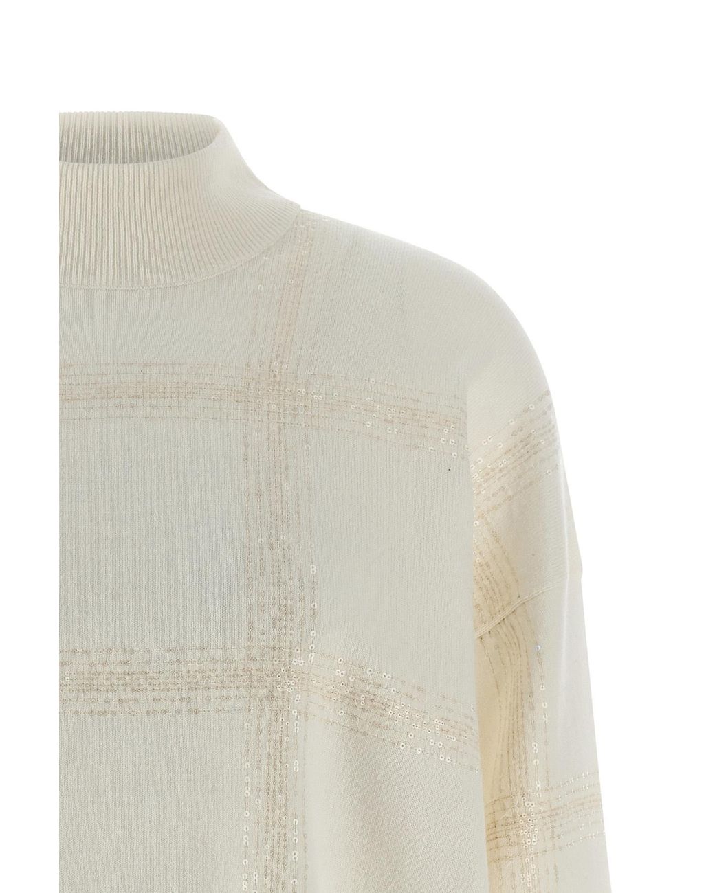Brunello Cucinelli White Sequin Embellished Turtle Neck Knitted Jumper