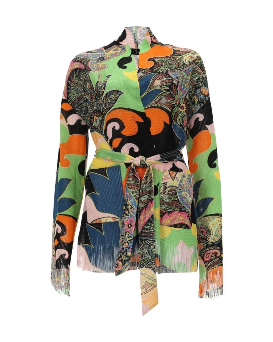 Etro Green Belted Wait Patterned Cardigan