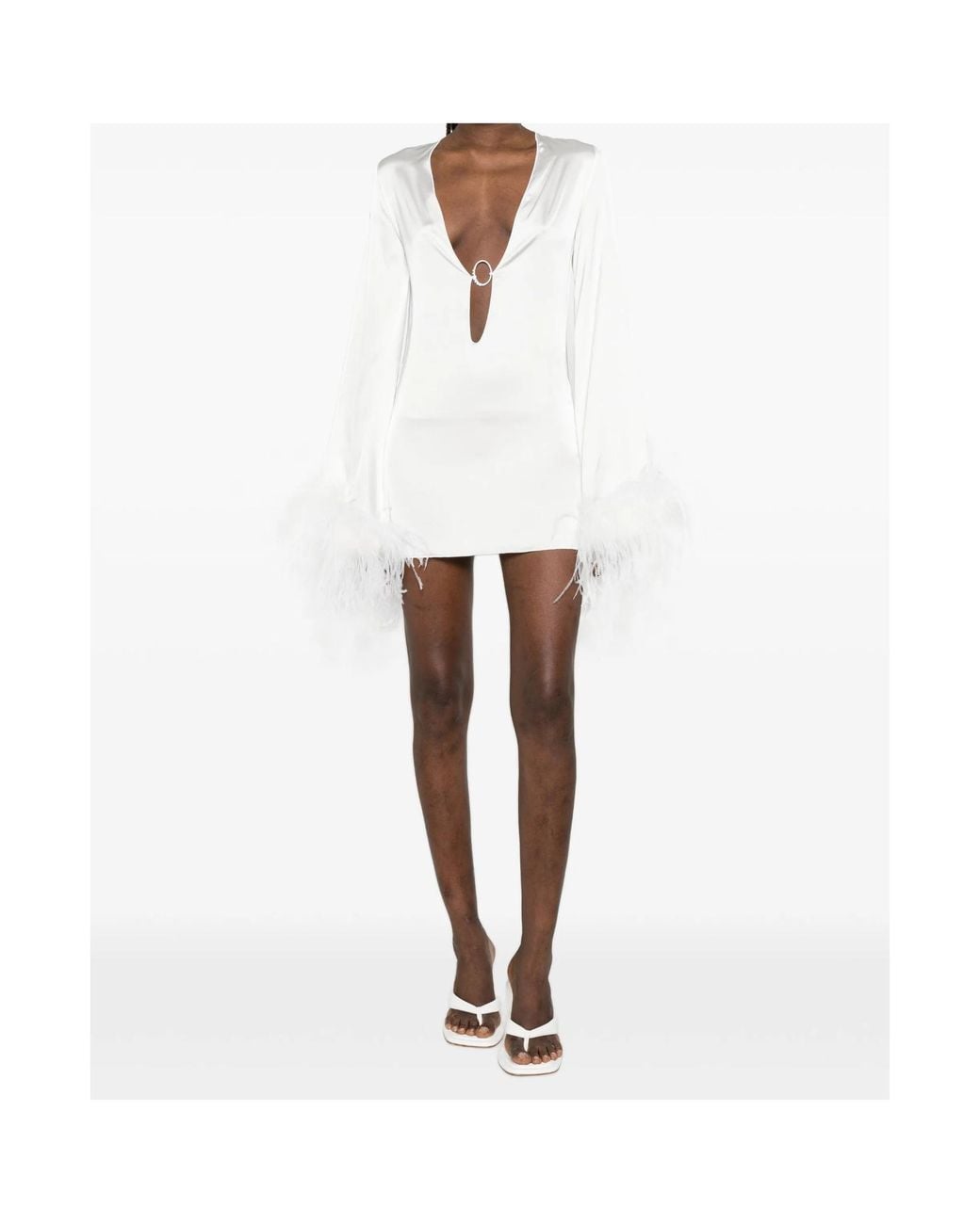 Oseree White Feather-Trim Mini Dress