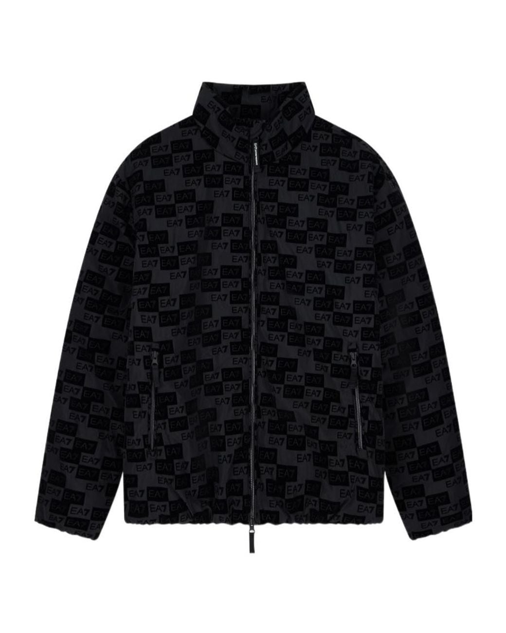 EA7 Black Oversized Hooded Bomber Jacket With Velvet Monogram for men