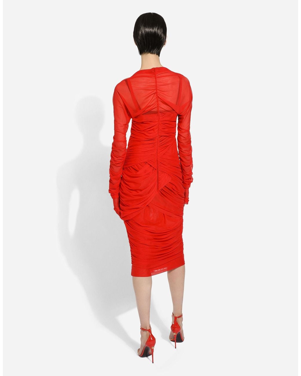Dolce & Gabbana Red Tulle Draped Long-Sleeved Midi Dress