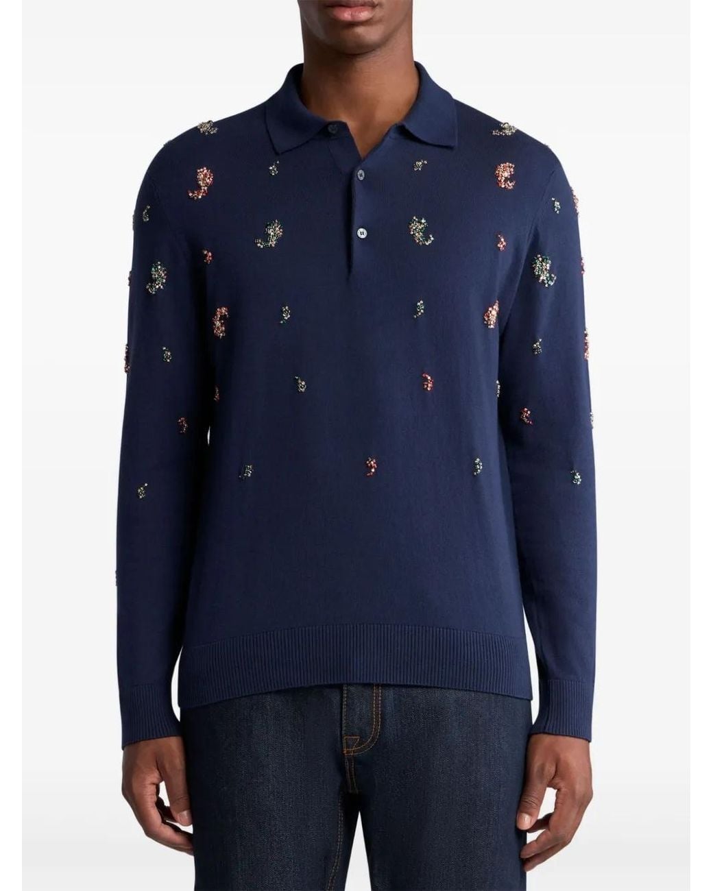 Etro Blue Polo Shirt With Crystal-Detailed Mini Paisley for men