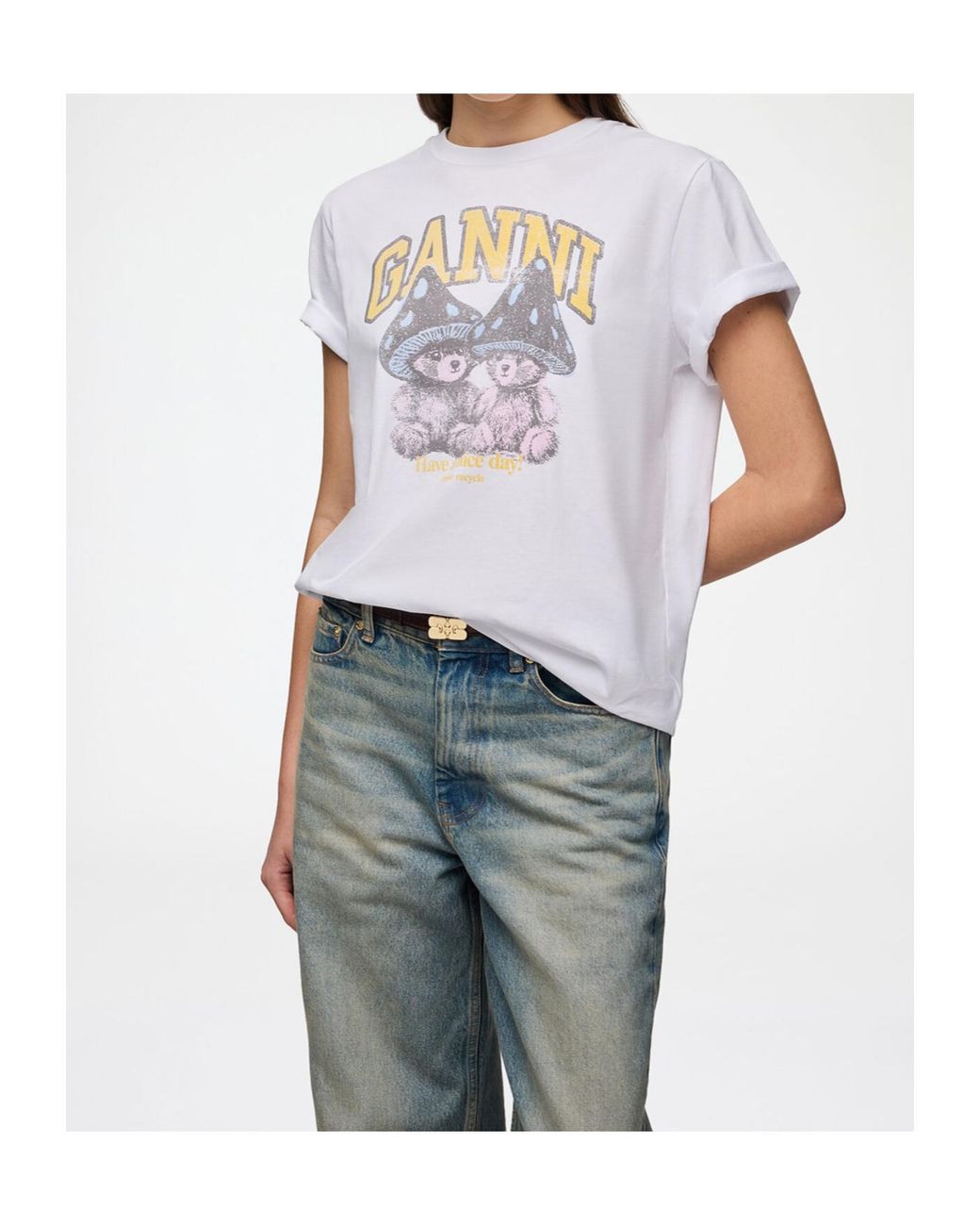 Ganni White Mushroom Teddy Graphic T-Shirt