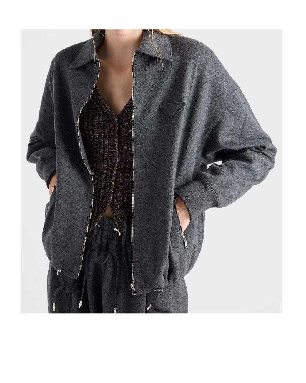 Prada Gray Triangle-Patch Zipped Cardigan
