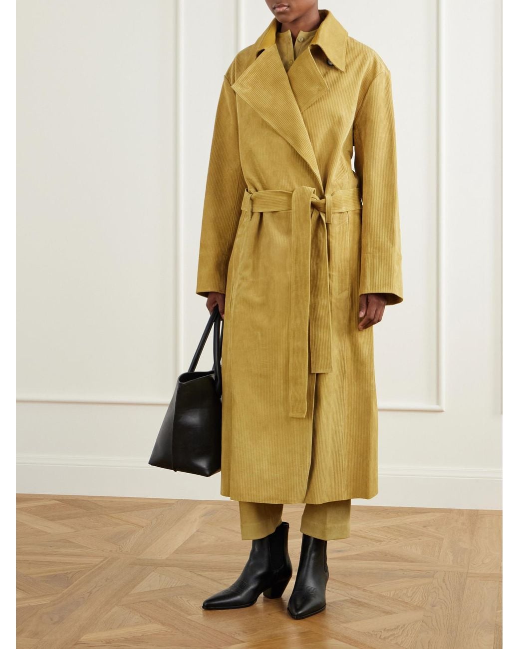 Stouls Yellow Belted Corduroy Suede Coat