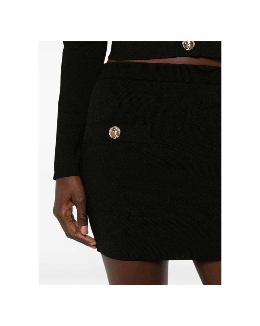 Balmain Black Button-Embellished Knitted Mini Skirt