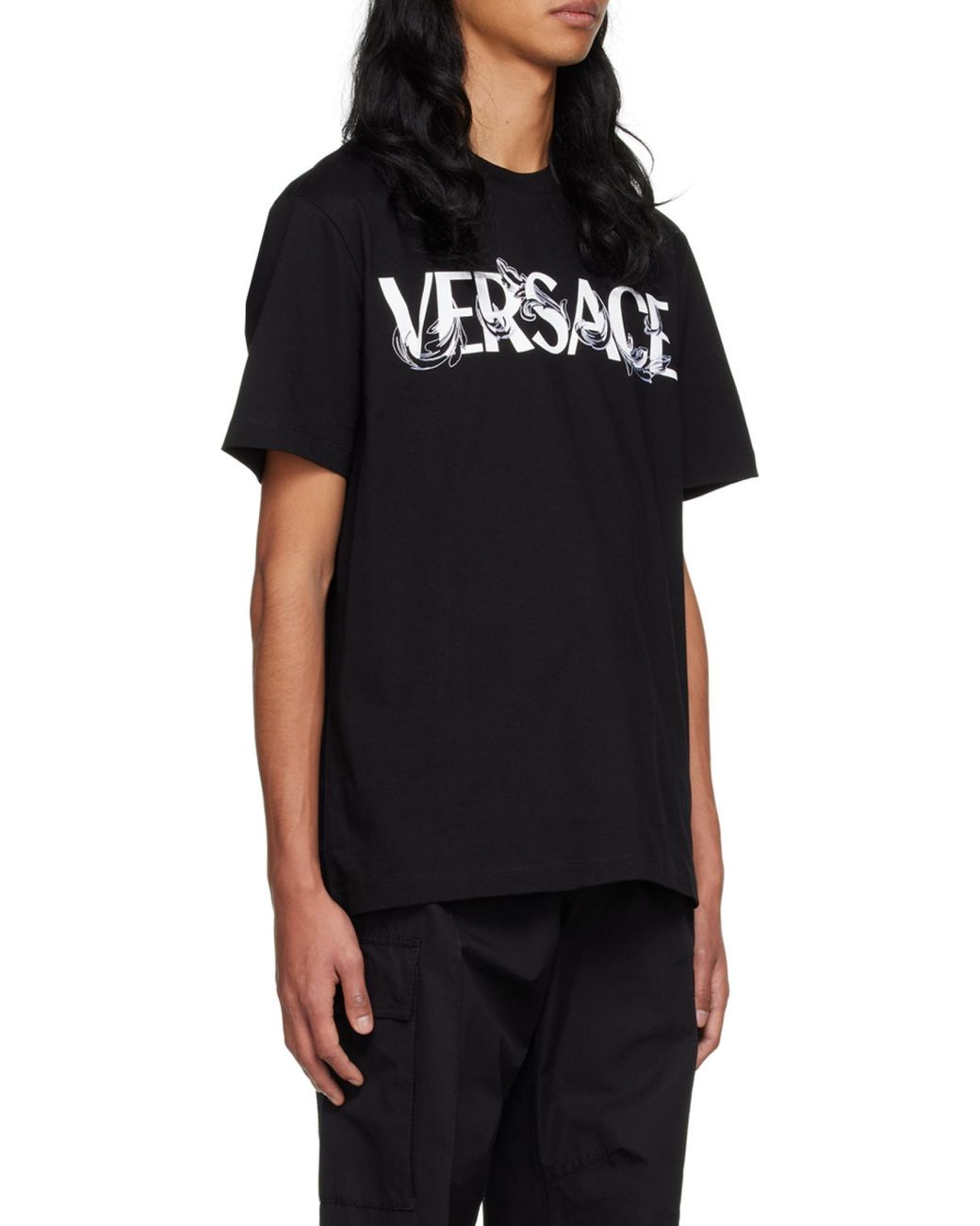 Versace Black Barocco Silhouette-Print Cotton T-Shirt for men