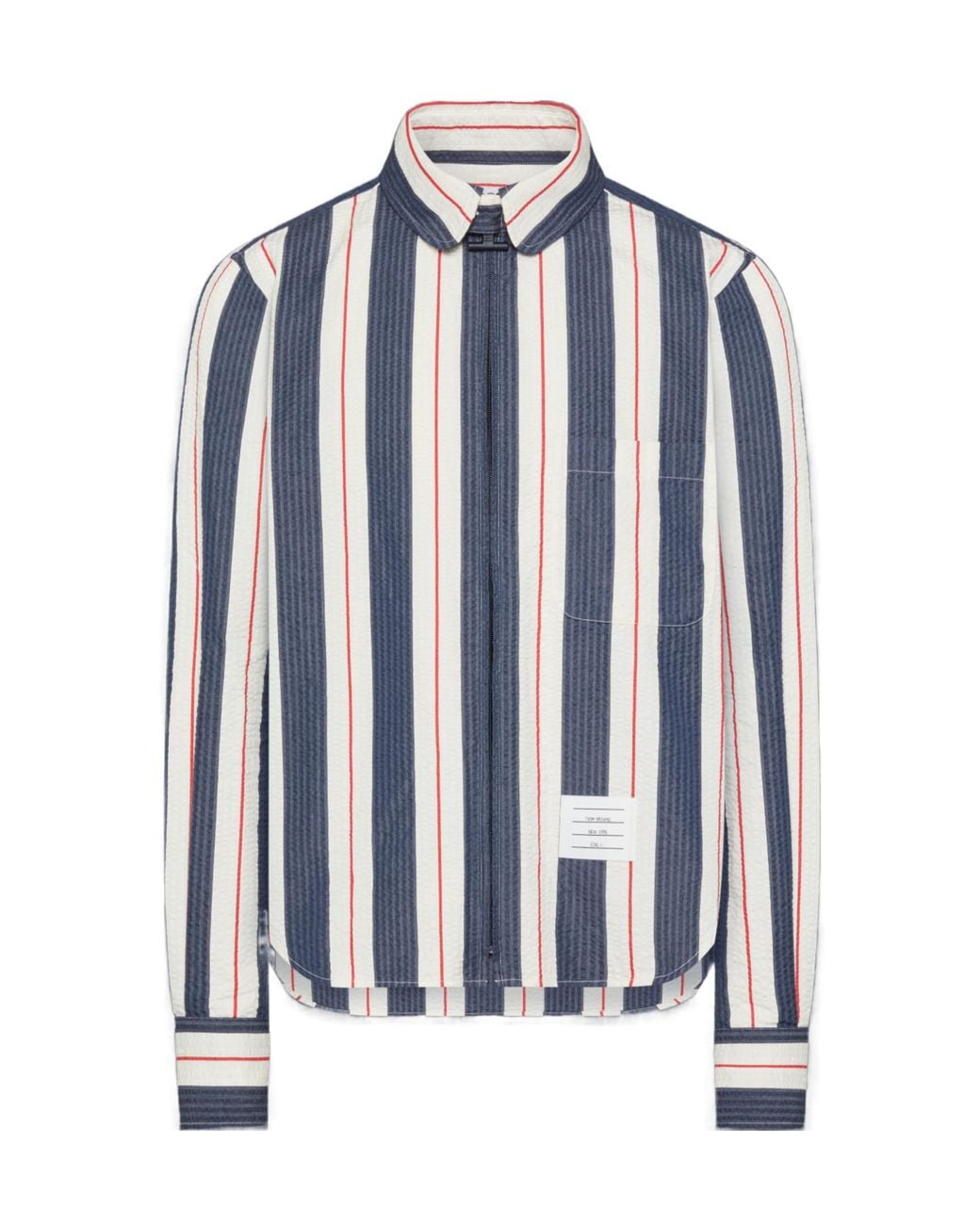 Thom Browne Blue Rounded Collar Striped Zipped Shirt for men