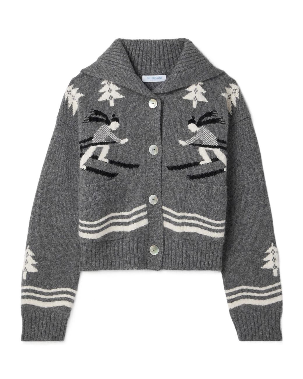 Calle Del Mar Gray Intarsia-Knit Cashmere Cardigan
