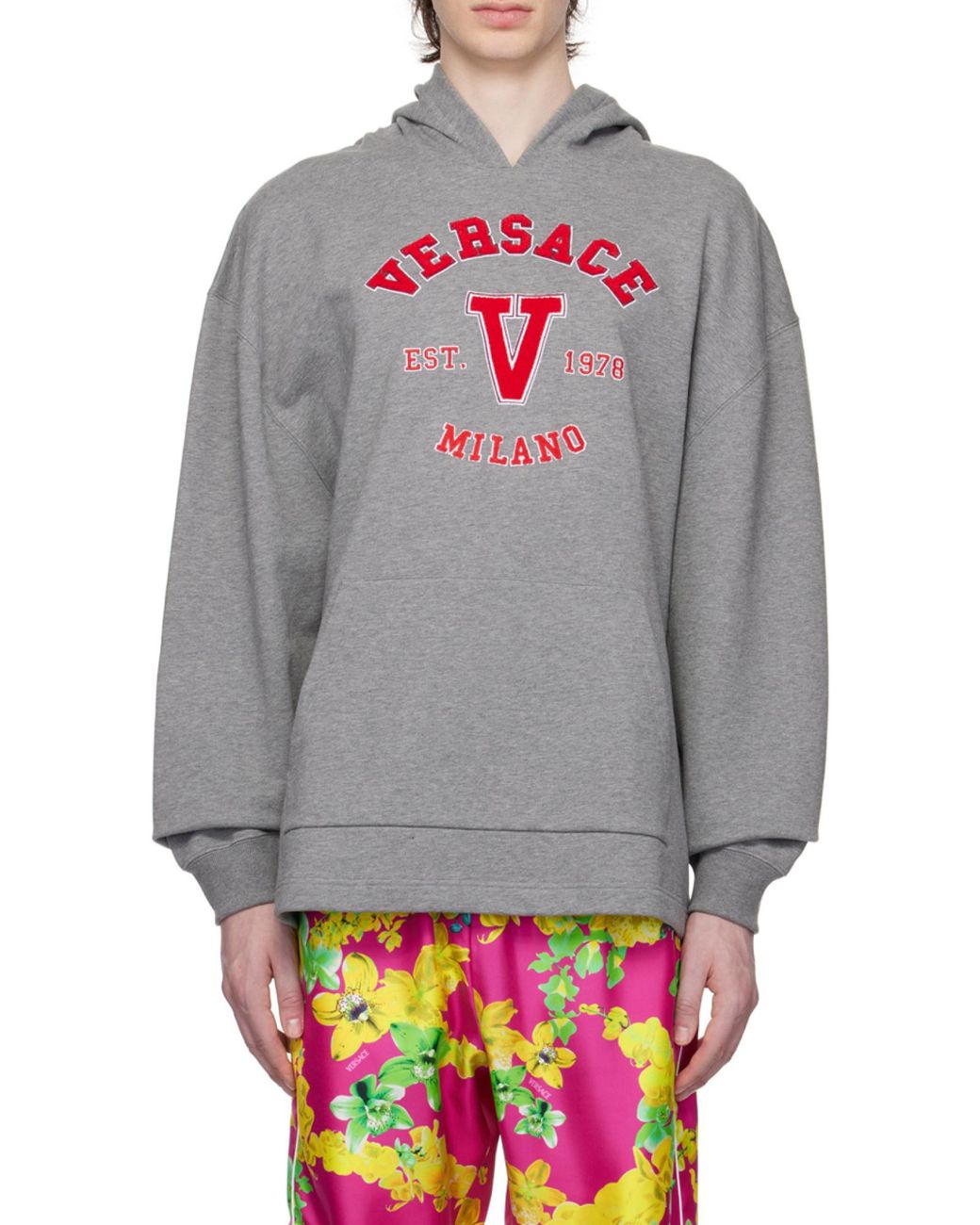 Versace Gray Logo Detailed Long Sleeved Hoodie for men