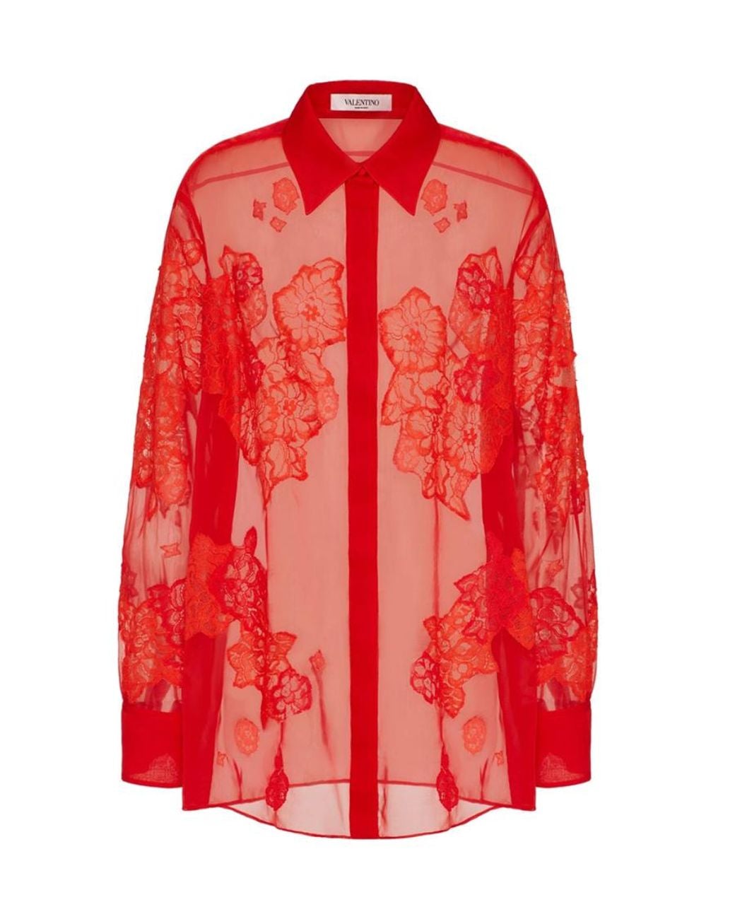 Valentino Red Long-Sleeve Lace Shirt