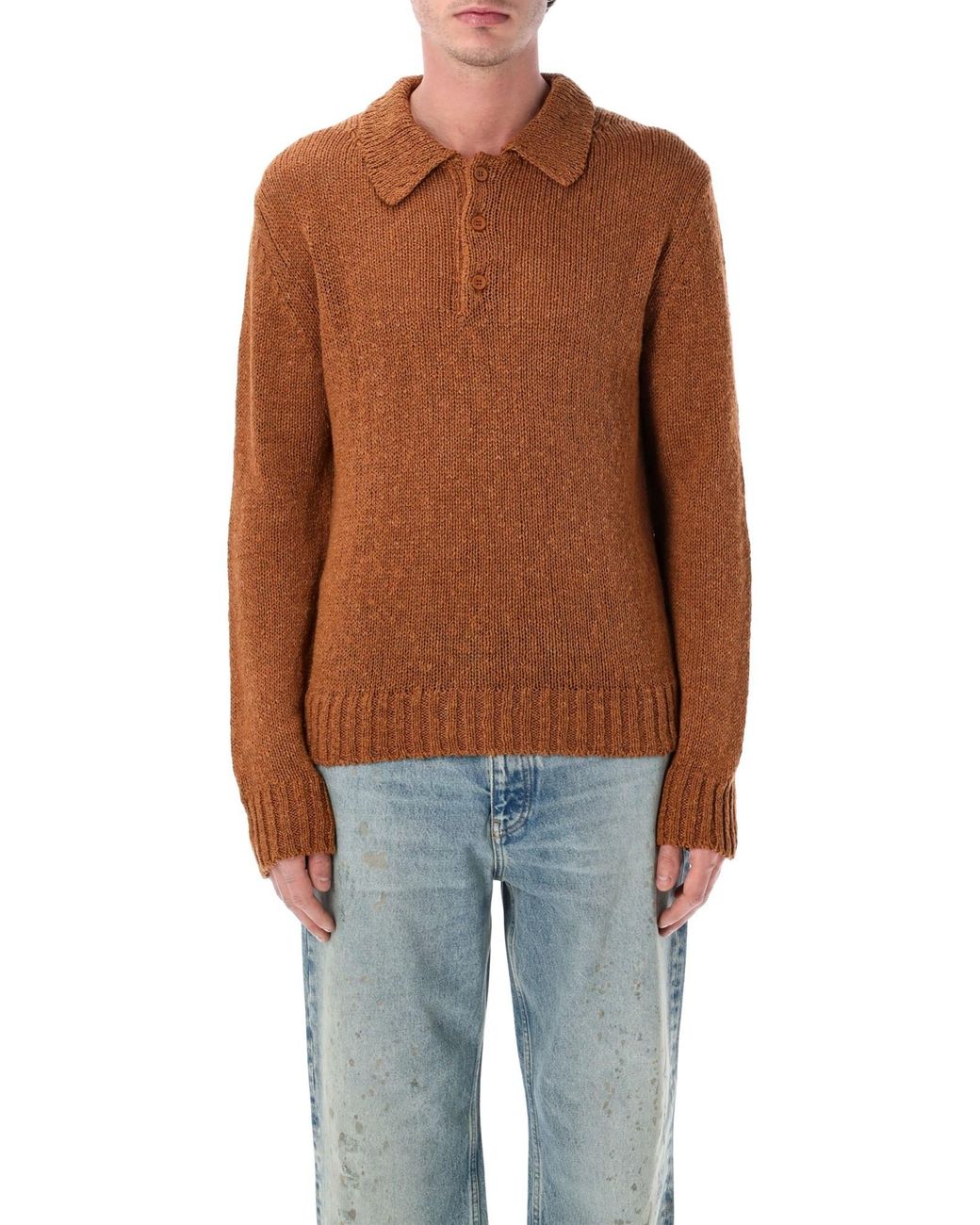 sunflower Brown Long-Sleeved Knitted Polo Shirt for men