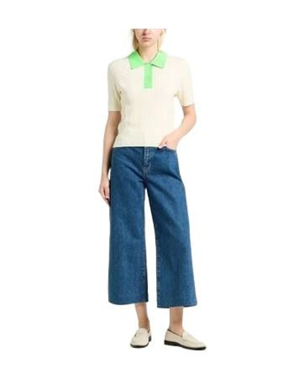 Tory Burch White Mid-Sleeve Knit Top With Color-Blocked Polo Collar