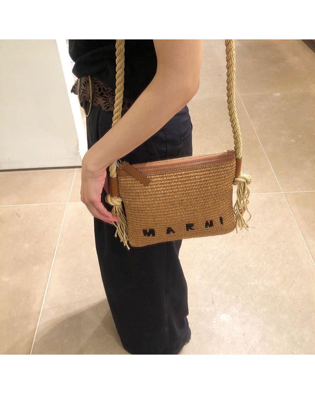 Marni Brown Marcel Logo Embroidered Crossbody Bag