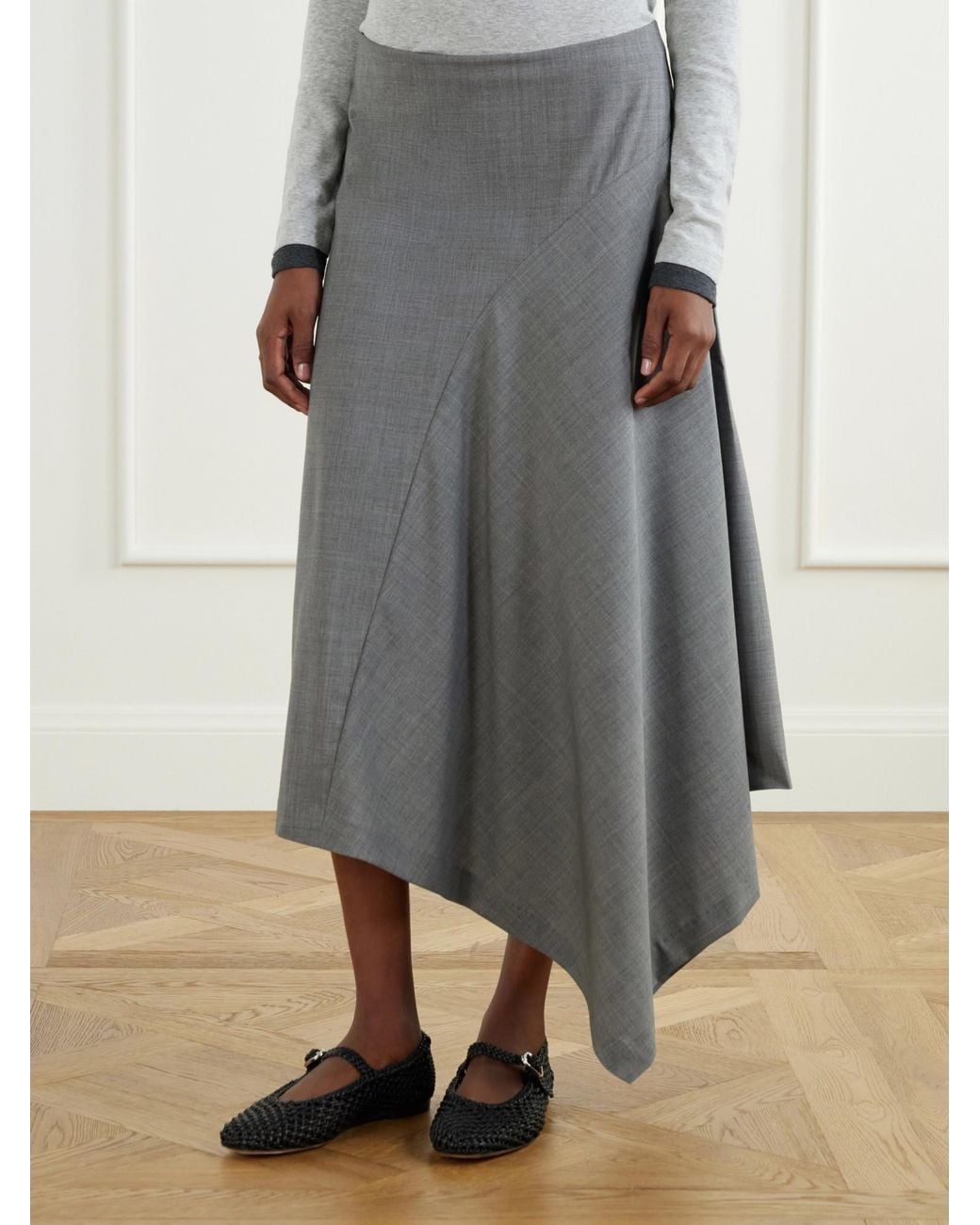 St. Agni Gray Asymmetric Stretch-Wool Midi Skirt