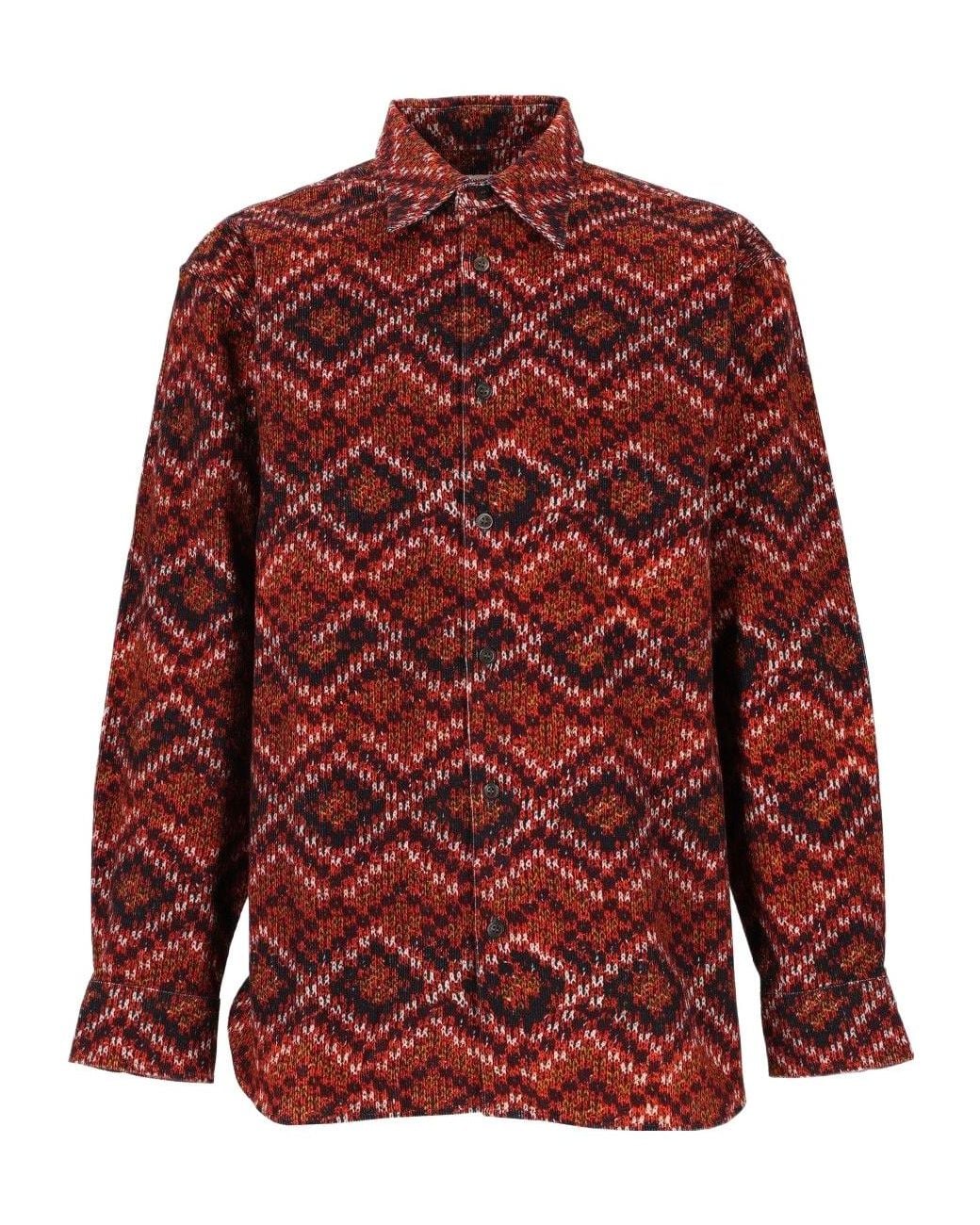 Dries Van Noten Red Knit-Pattern Corduroy Shirt for men