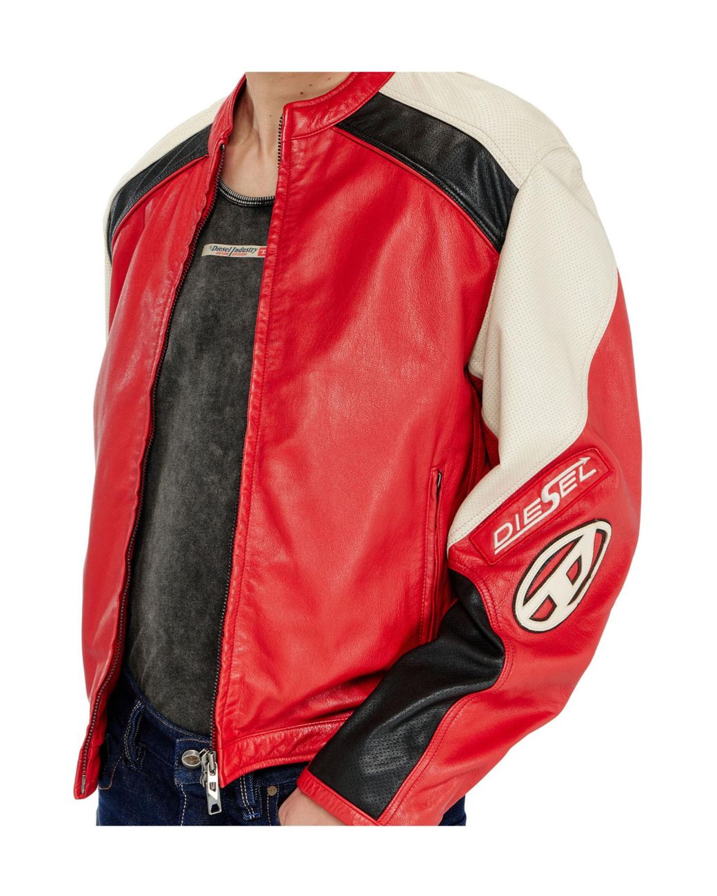 DIESEL Red Colorblock Biker Jacket for men