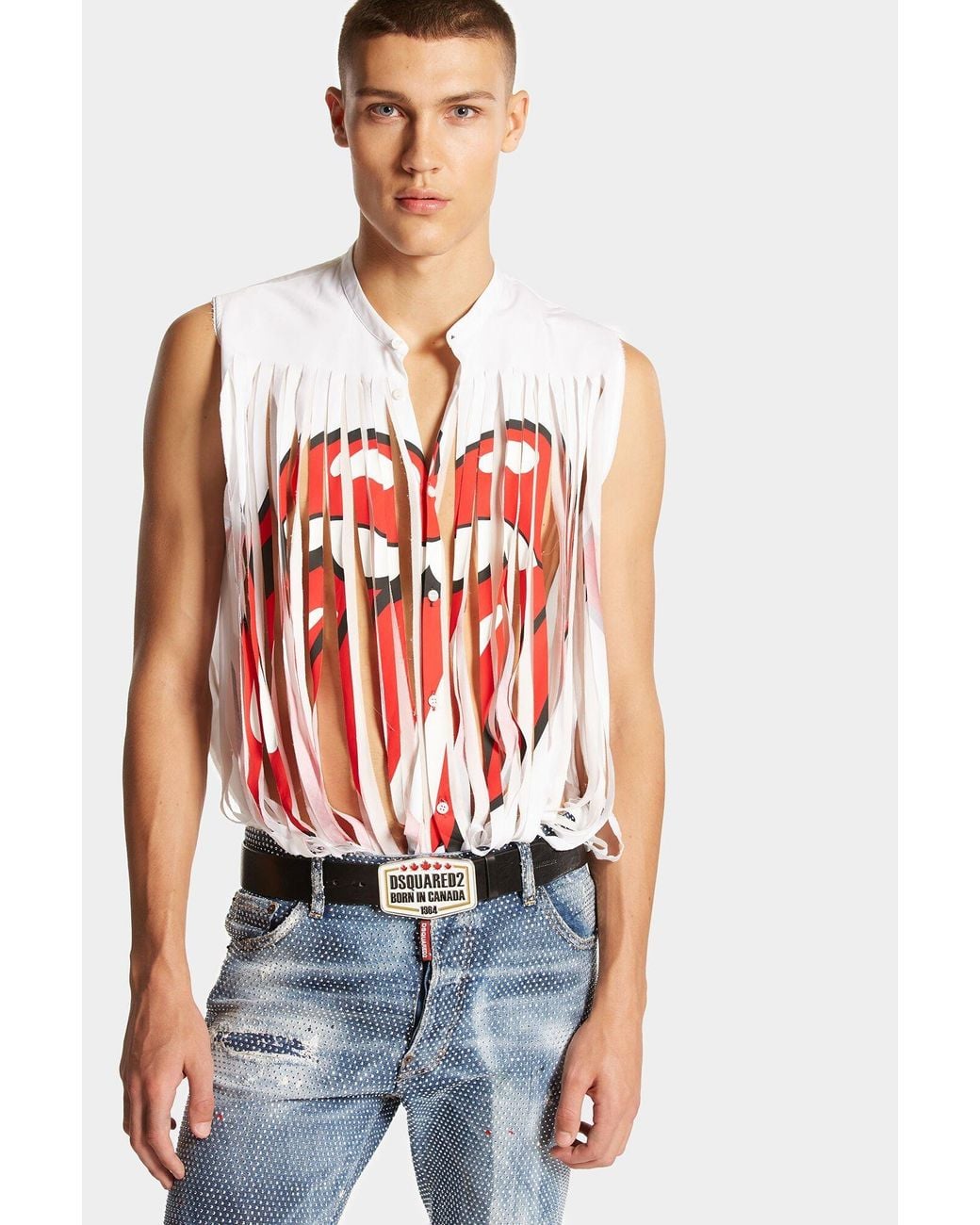 DSquared² White Graphic-Printed Sleeveless Distressed Shirt for men