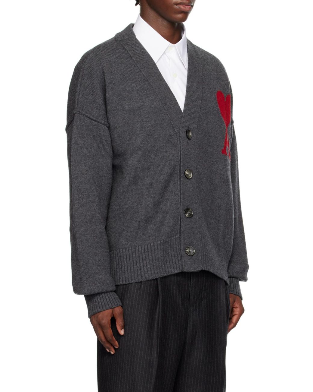 AMI Gray Ami De Coeur Logo Intarsia V-Neck Cardigan for men