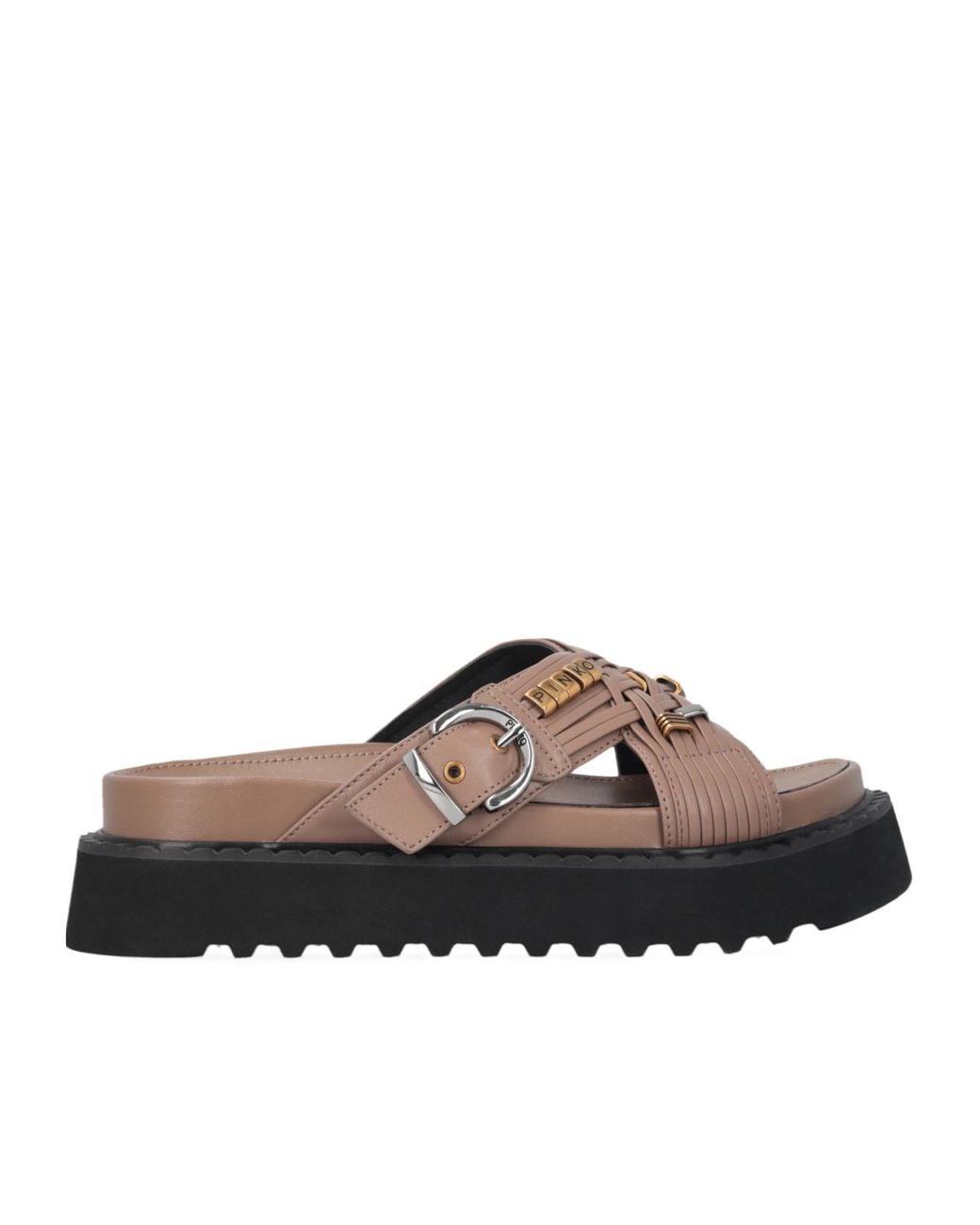 Pinko Brown Buckled Leather Sandals