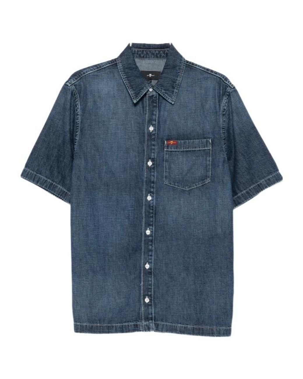 7 For All Mankind Blue Short-Sleeve Chest-Pocket Shirt for men
