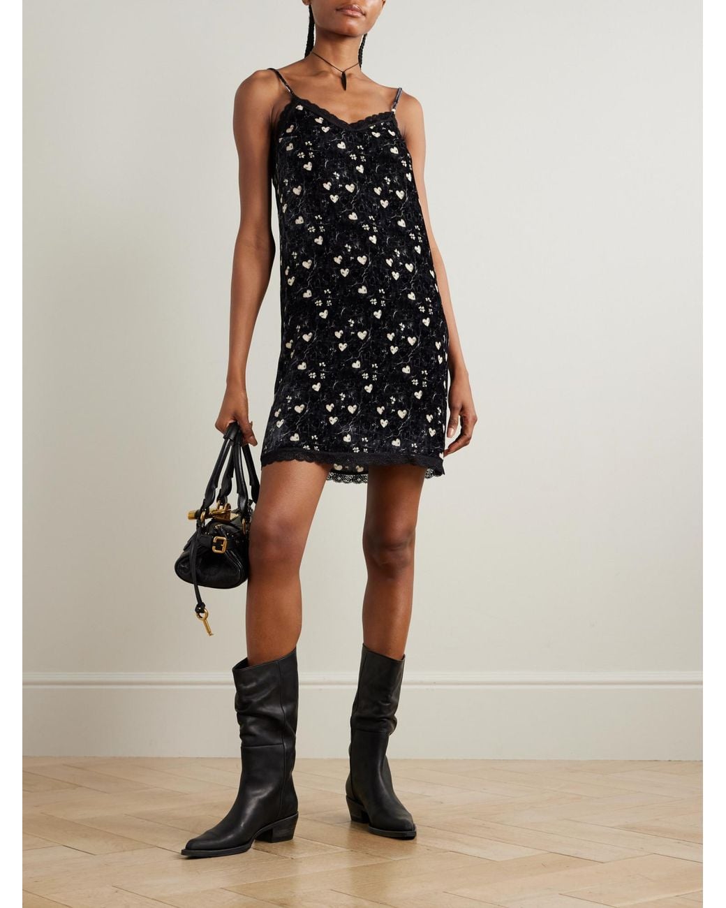 R13 Black Lace-Trimmed Printed Velvet Mini Dress