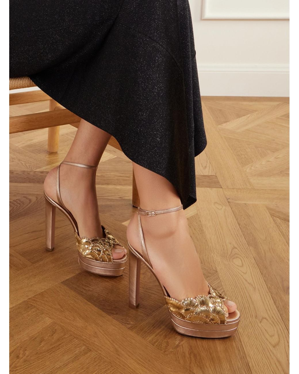 Aquazzura Ce Soir 130 Sequin-Embellished Metallic Leather Platform Sandals