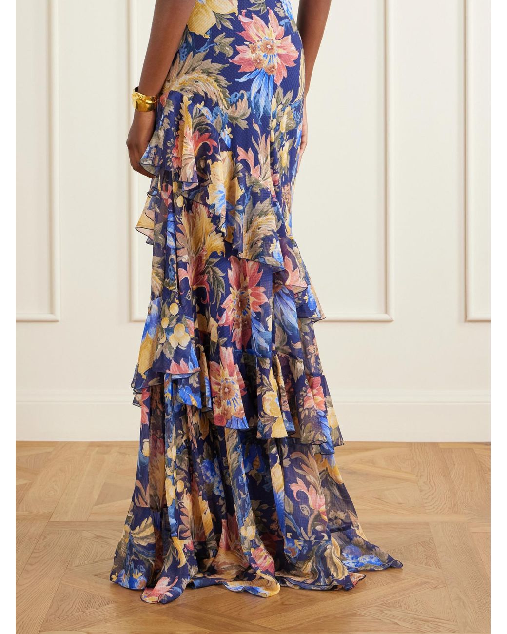 Etro Blue Floral-Print Ruffled Crepon Maxi Dress