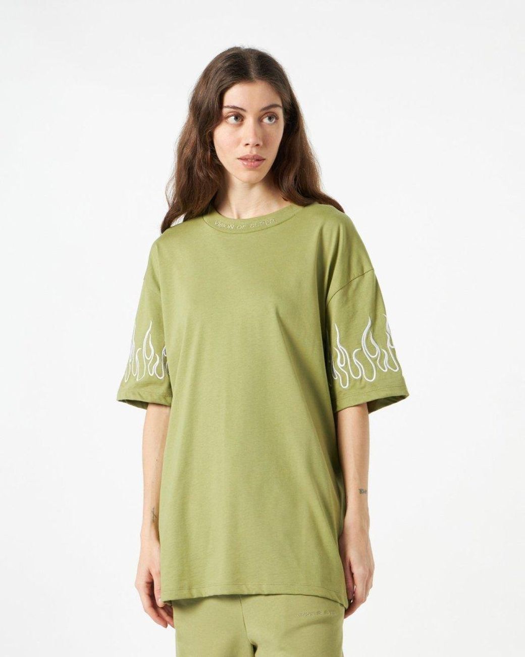 Vision Of Super Green Flame-Embroidered Cotton T-Shirt for men
