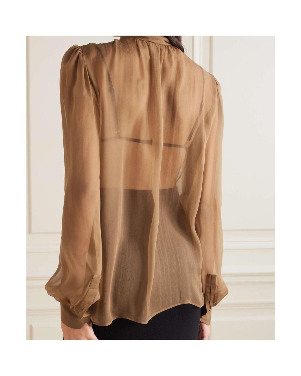 Saint Laurent Brown Pussy-Bow Silk-Chiffon Blouse