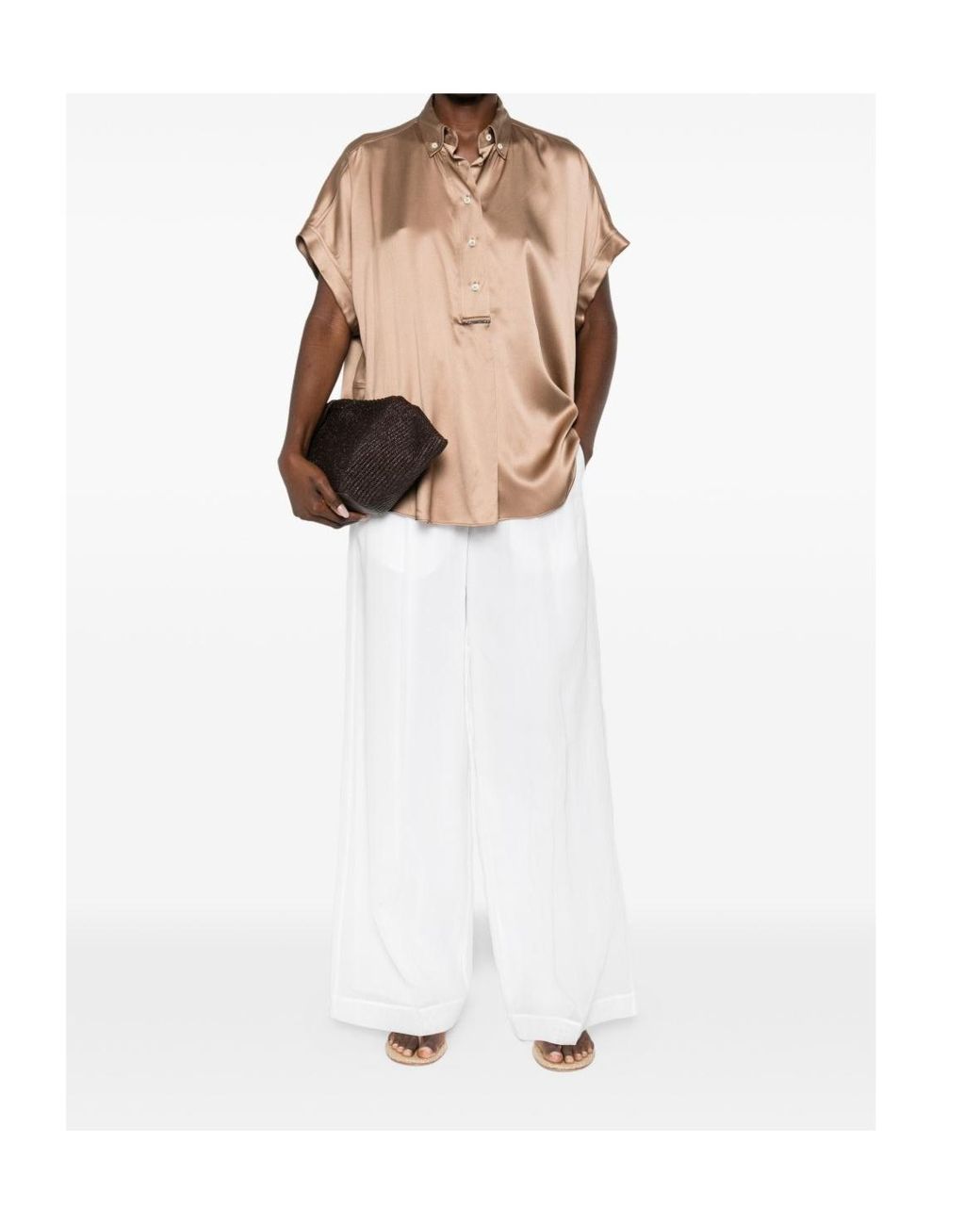 Brunello Cucinelli Natural Short-Sleeved Buttoned Blouse