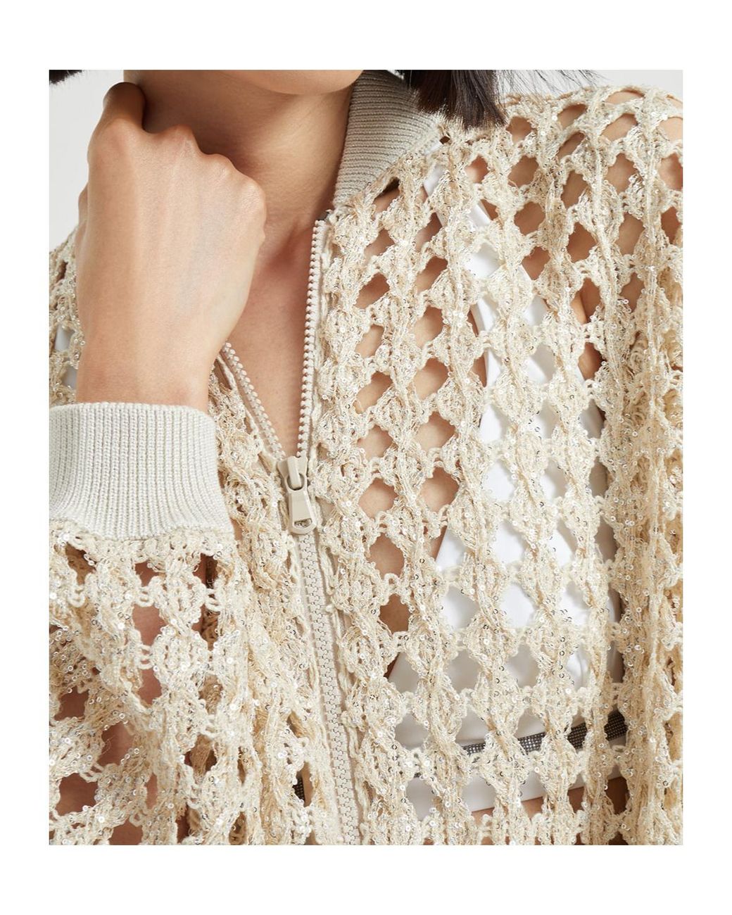 Brunello Cucinelli White Crochet-Knit Zip-Up Jacket