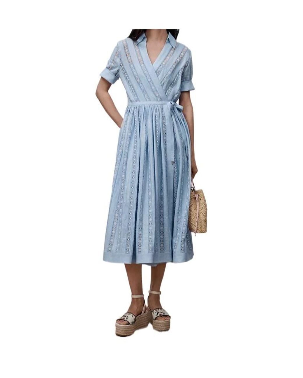 Dior Blue Iviera Embroidered Mid-Length Flared Dress