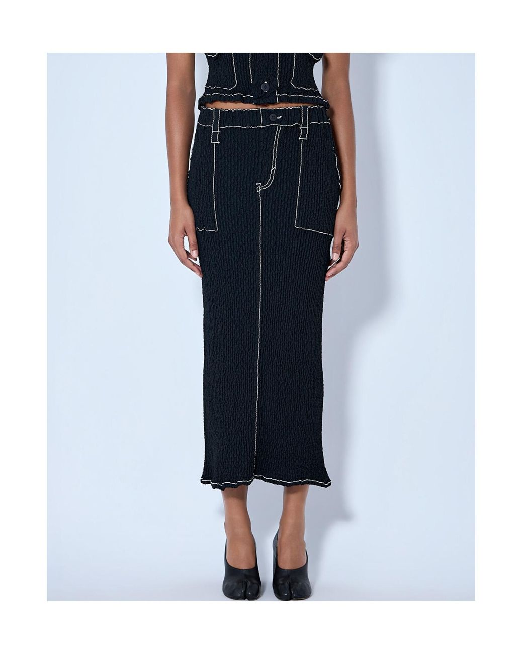 Issey Miyake Black Midi Wavelet Contrast-Stitching Elasticated-Waistband Skirt