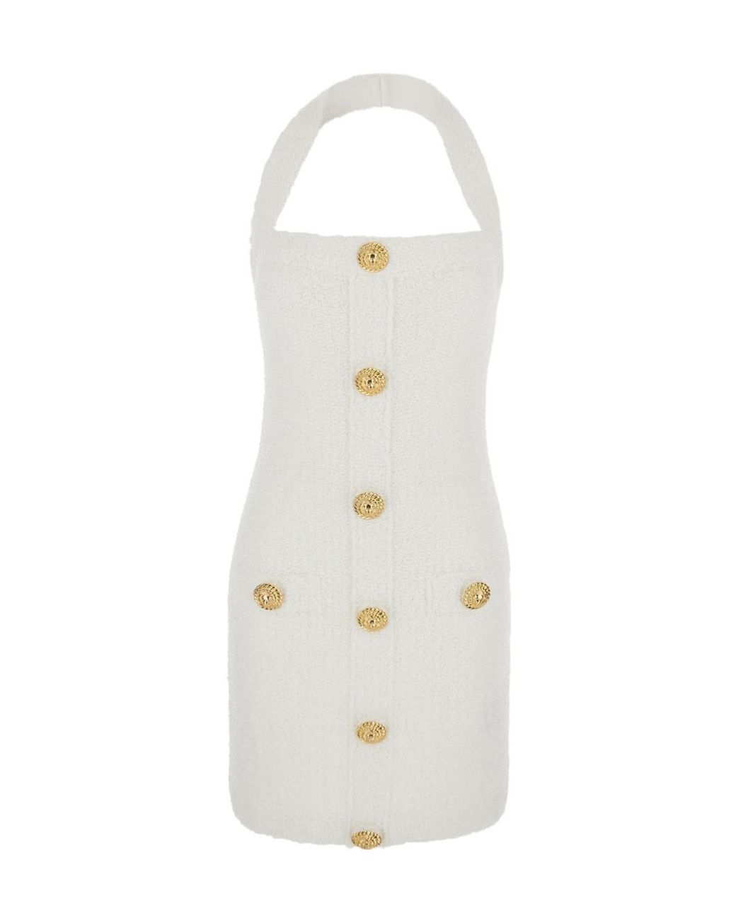 Balmain White Mini Dress With Halterneck And Jewel Buttons