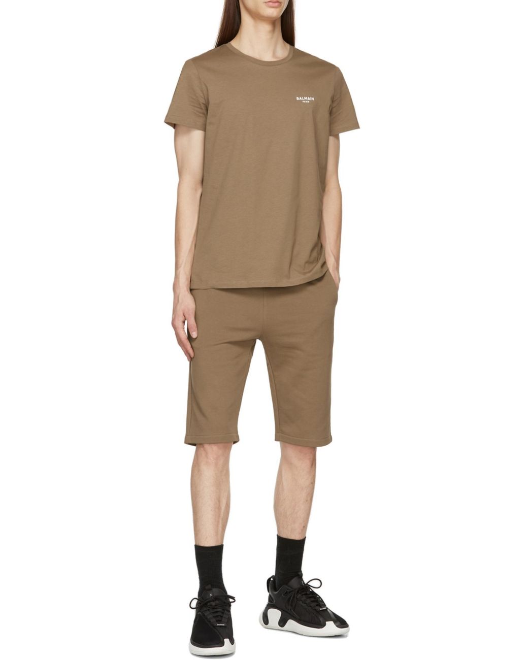 Balmain Brown Cotton Shorts With Flocked Paris Logo for men