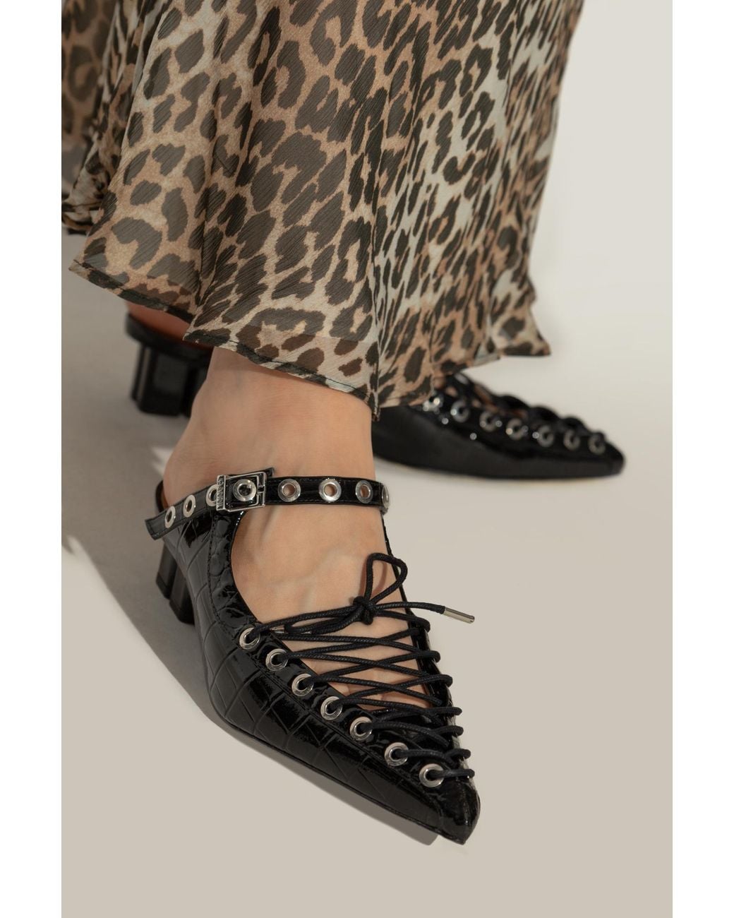 Ganni Black Lace-Up Oleatex Mules