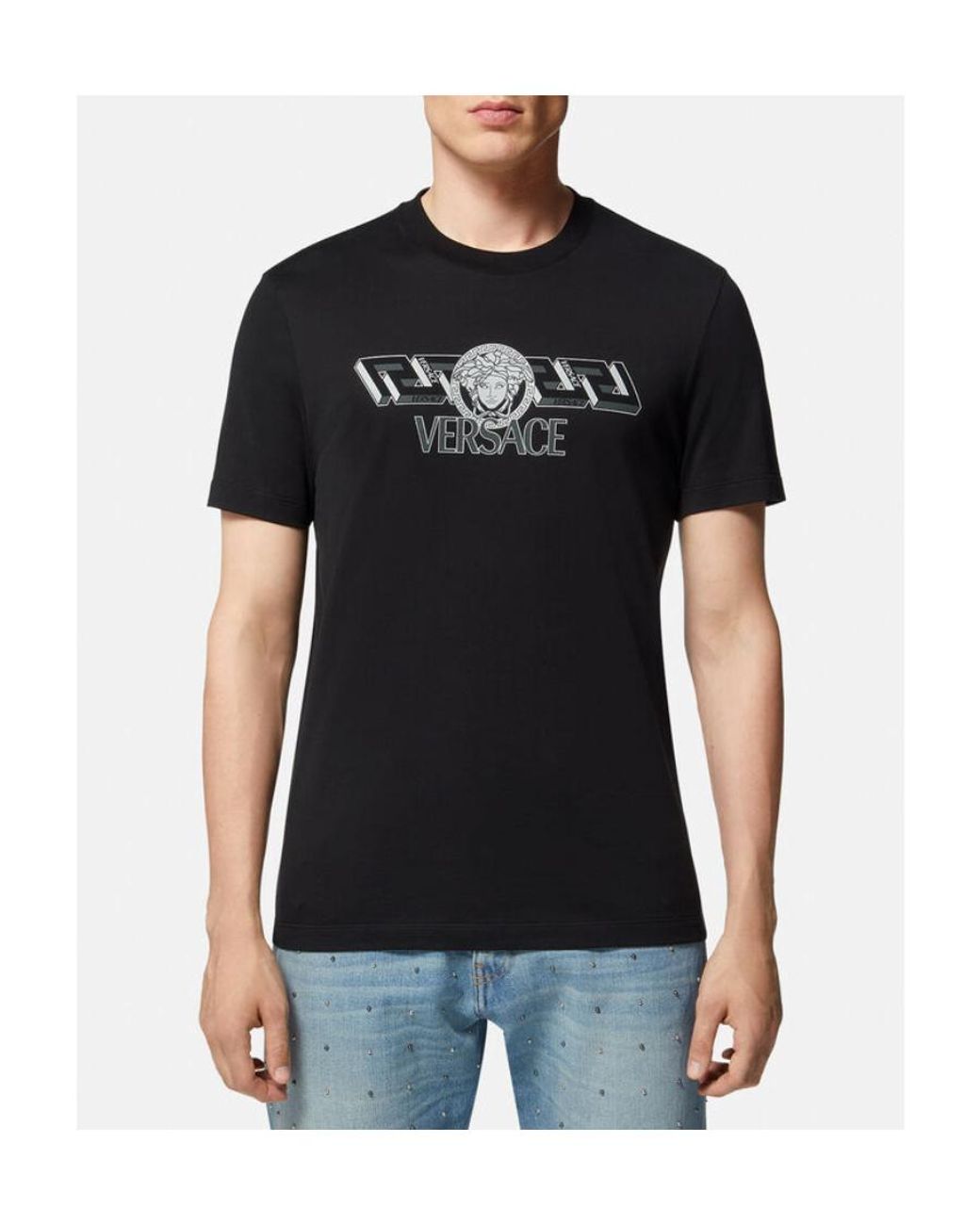 Versace Black Logo Printed Crewneck T-Shirt for men