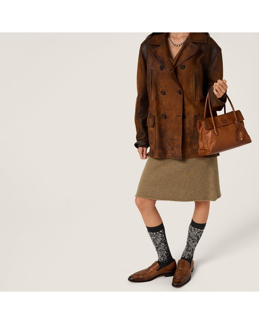 Miu Miu Brown Double-Breasted Waxed Suede Caban Jacket