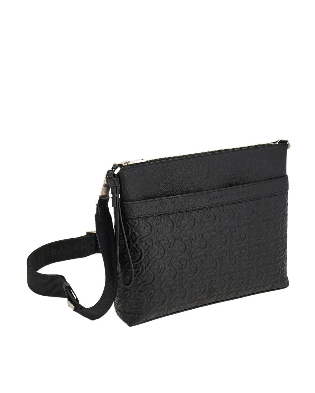 Ferragamo Black Ferragamo Gancini Embossed Messenger Bag for men