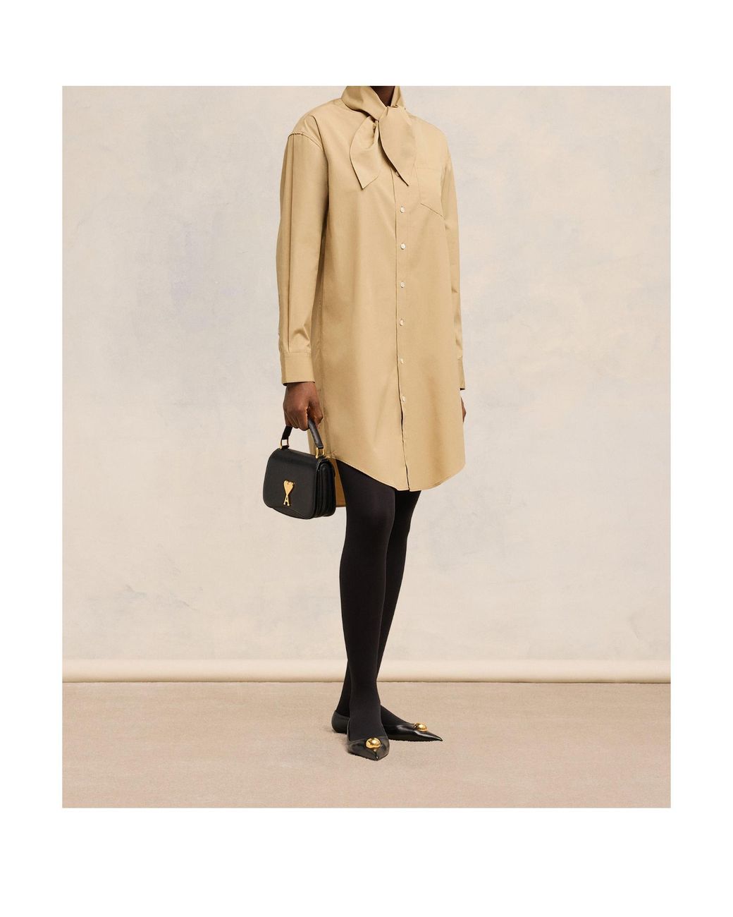 AMI Natural Scarf-Collar Cotton Shirt Dress