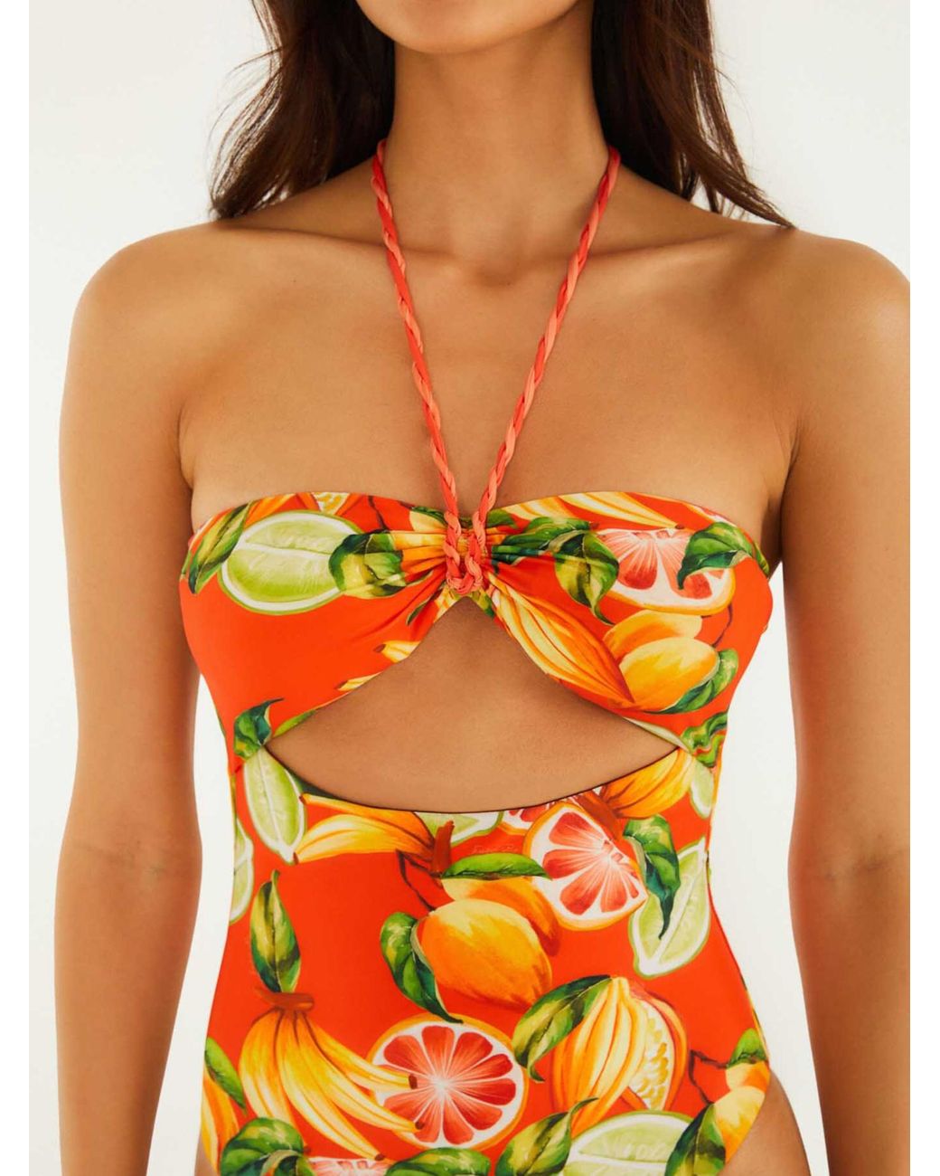 Farm Rio Orange Fruit-Print Cutout Swimsuit