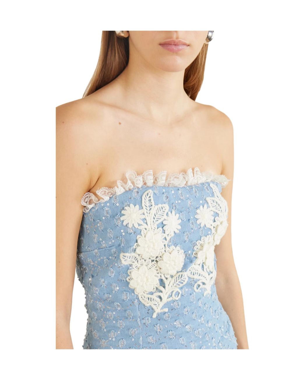 Rodarte Blue Appliquéd Sequin-Embellished Lace-Trimmed Denim Midi Dress