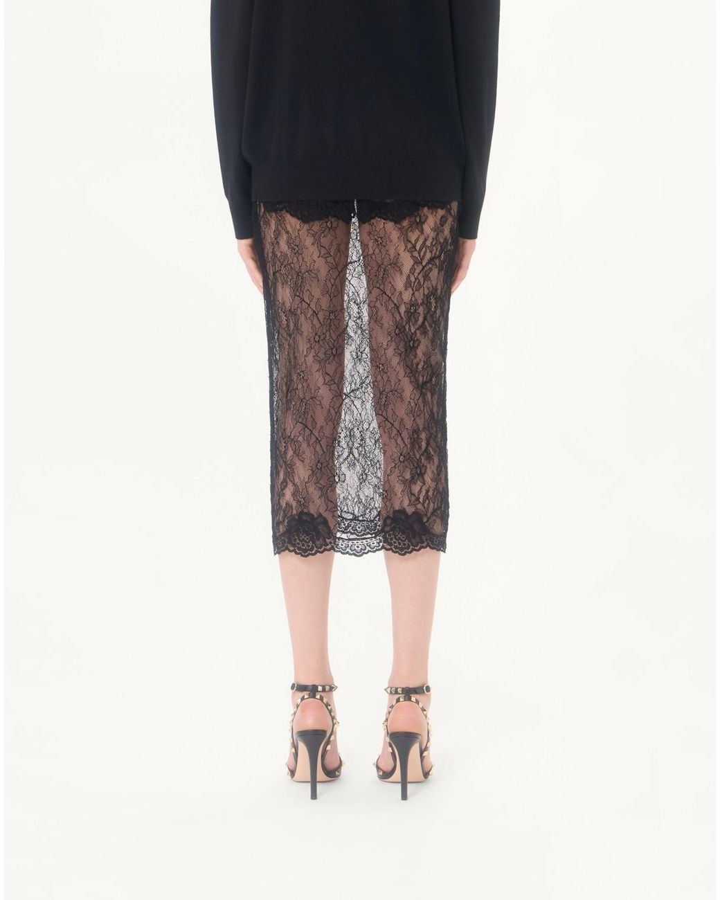 Valentino Gray Sheer Lace Midi Skirt