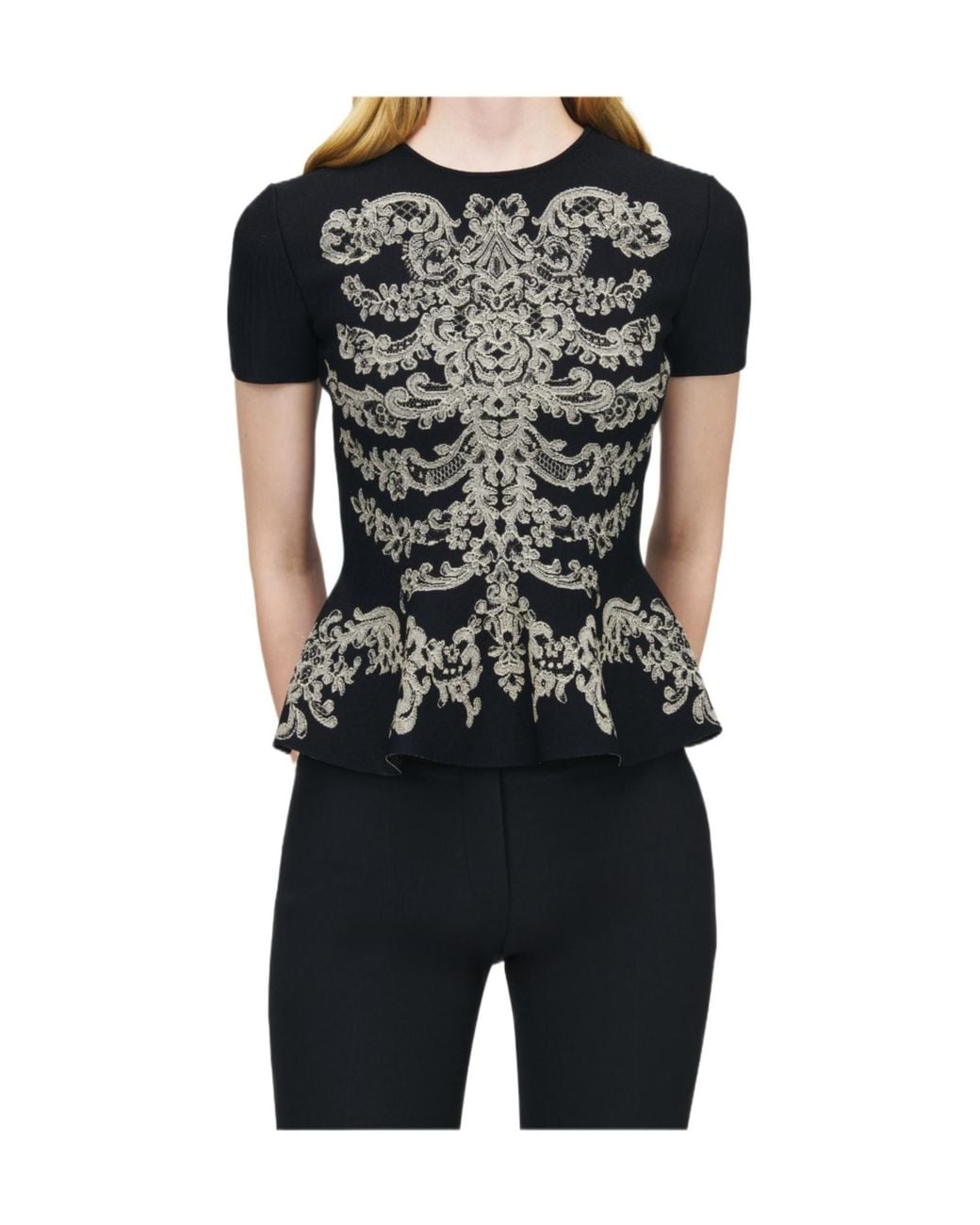 McQueen Black Lace Ribcage Jacquard Peplum Top