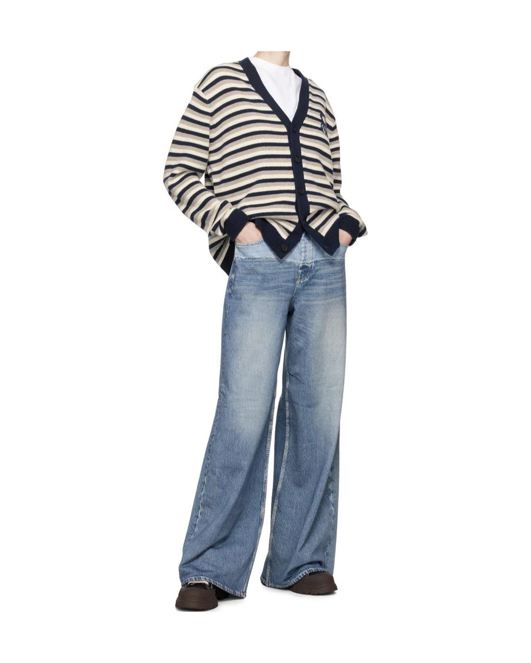 Maison Kitsuné Blue Fox Head Intarsia Striped Cardigan