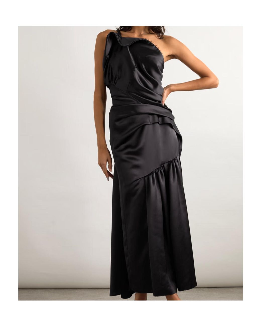 Dries Van Noten Black One-Shoulder Gathered Pleated Satin Midi Dress