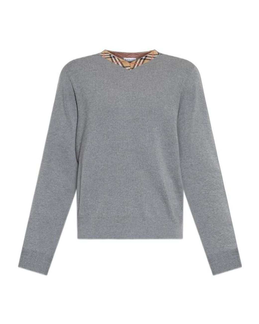 Burberry Gray Check-Trim V-Neck Jumper for men